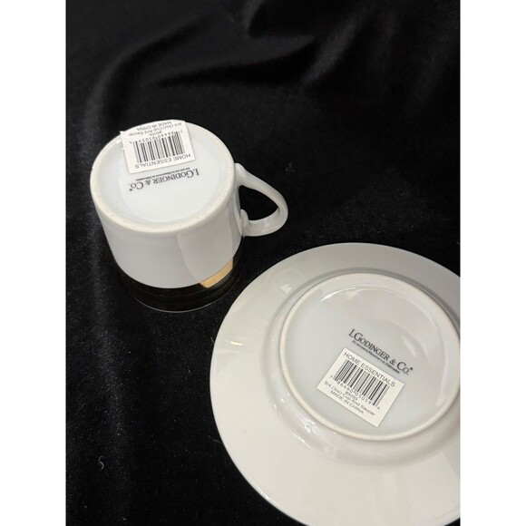 L.Godinger & Co Demitasse Demi Cup Saucer Harlequin Black Gold Stripes Espresso - Picture 3 of 3